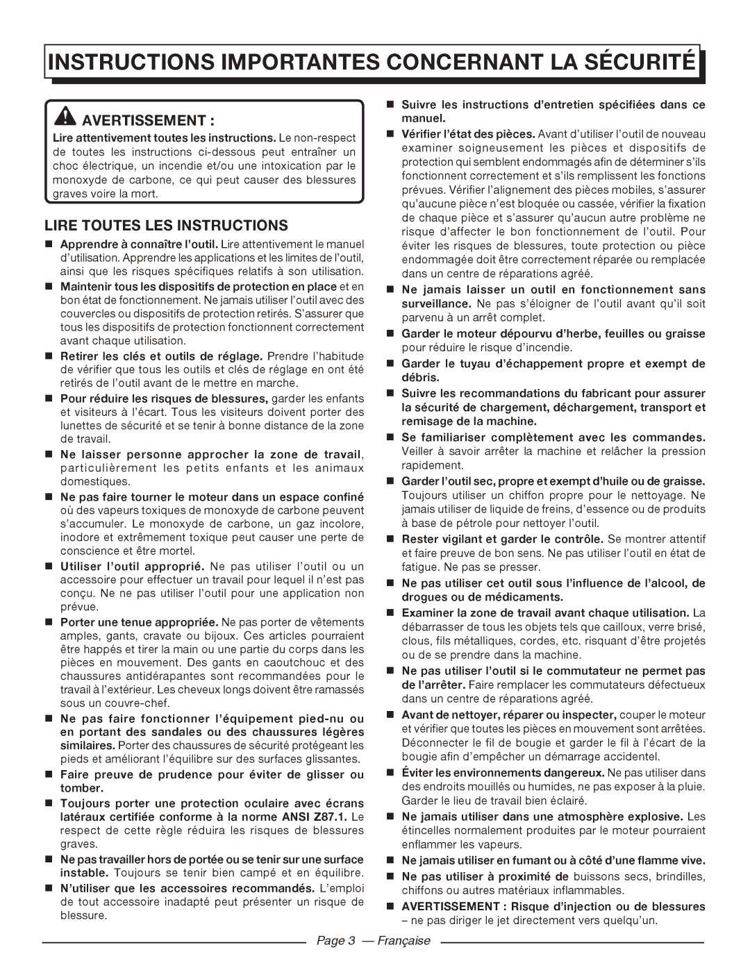 Homelite UT80516 Instructions Importantes Concernant LA Sécurité, Avertissement , Lire Toutes LES Instructions 